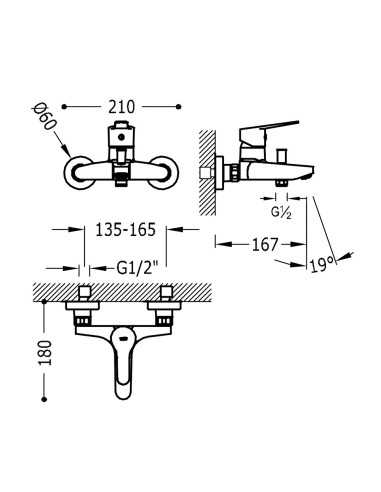 Grifo de baño-ducha BASE TRES. Medidas