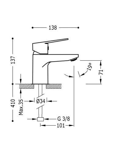 Grifo de lavabo  BASE TRES. (Medidas)