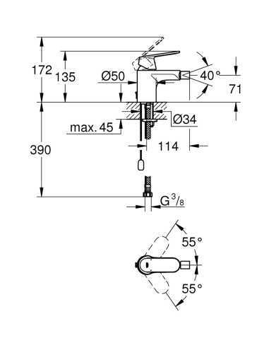 Grifo de bidé EUROSMART COSMOPOLITAN GROHE. Medidas