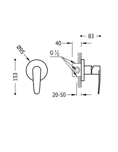 Grifo empotrado de ducha FLAT 1 vía TRES. Medidas