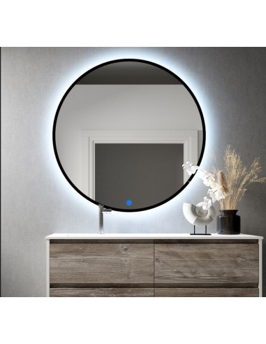 Espejo Redondo Colgante Decorativo Borde Negro 60 x 60 cm con Luz LED, Doble Sensor Táctil, Espejo Led de Baño Redondo Colgar