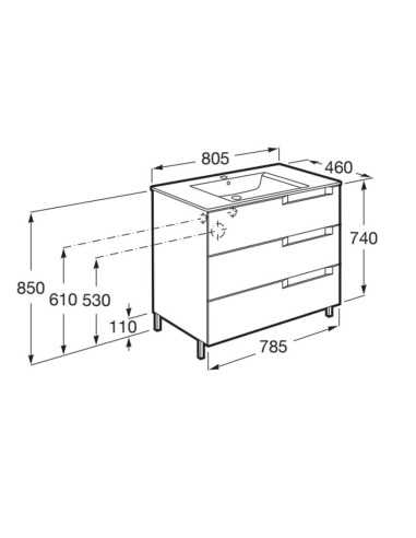 Mueble de baño UNIK ALEYDA de Roca. Dibujo medida 80 cm