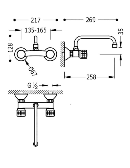 Grifo bimando mural para cocina ESE-23 de Tres (Medidas)
