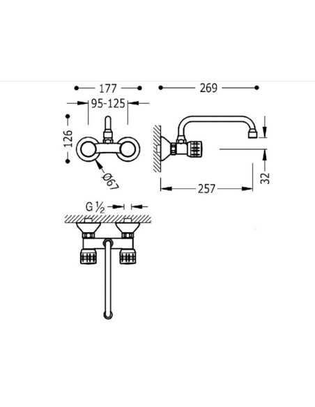 Grifo cocina mural dos mandos caño giratorio ESE-23 de Tres. (Medidas)