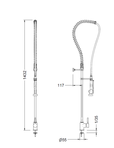 Grifo de cocina industrial pre-lavado GENEBRE. (Medidas)