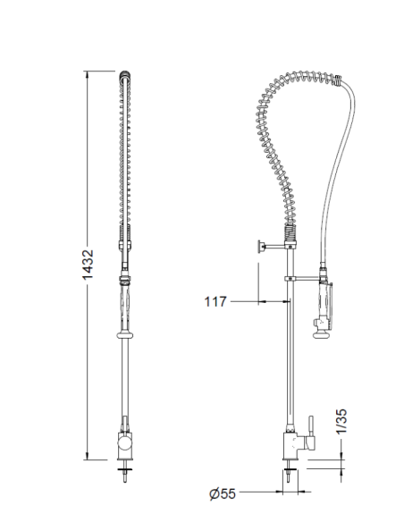 Grifo de cocina industrial pre-lavado GENEBRE. (Medidas)