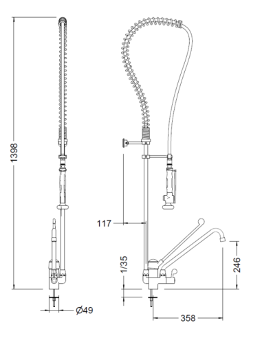 Medidas Grifo cocina industrial con maneta medical GENEBRE