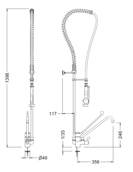 Grifo de cocina industrial con maneta medical GENEBRE. Medidas