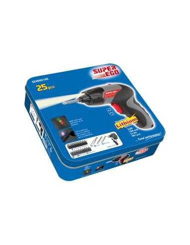 Atornillador a batería + 22 Puntas SUPEREGO. Packaging.