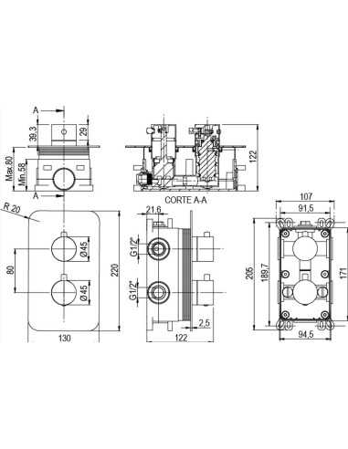 Medidas Kit de ducha empotrado 2 vías Alpha term negro. Medidas