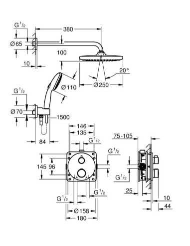 Conjunto de ducha Termostático ROUND 25. Dibujo Técnico