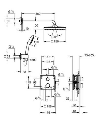 Conjunto de ducha Termostático CUBE 25. Dibujo Técnico