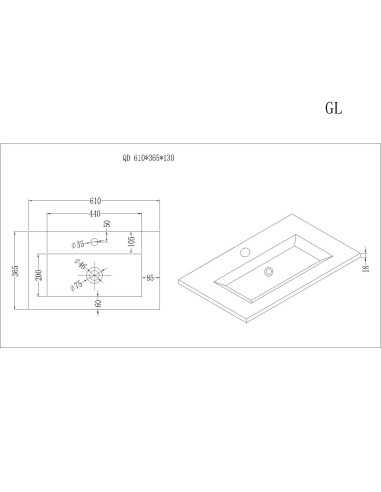 Lavabo Quadra. Dibujo Técnico, medidas.