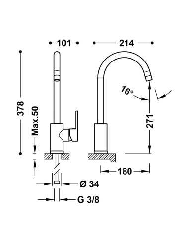 Grifo de cocina BASEPLUS 38cm TRES (Medidas)