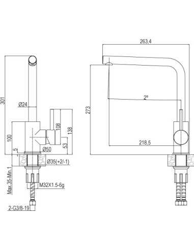 Grifo de cocina INOX AQG304A02. Medidas