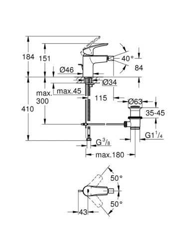 Medidas Grifería negra de bidé Eurosmart Grohe