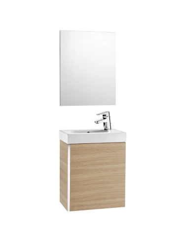 Mueble baño Roca fondo reducido con lavabo y espejo color roble. Pack mini ROCA