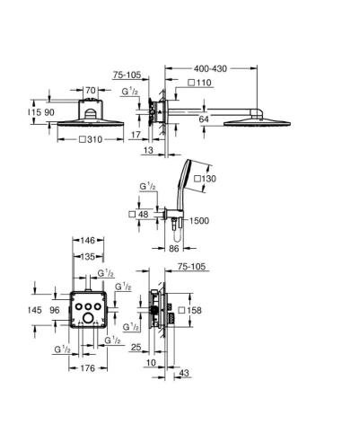 Conjunto de ducha empotrado GROHE Grohtherm SmartControl (Medidas)