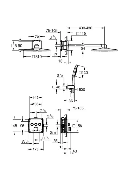 Conjunto de ducha empotrado GROHE Grohtherm SmartControl (Medidas)