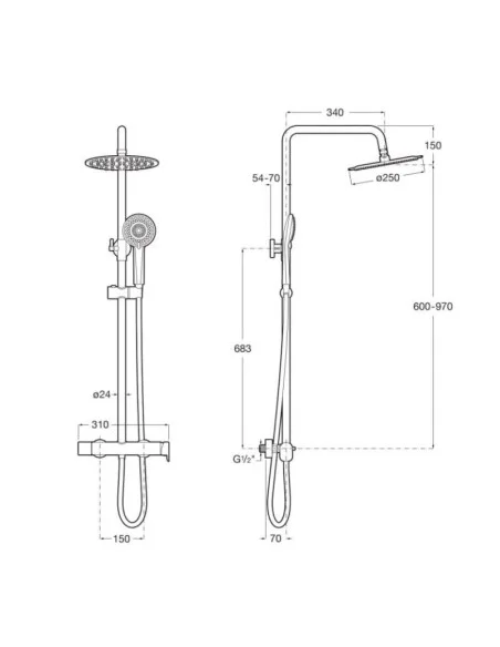 Conjunto de Ducha VEGA PLUS Round de ROCA. Medidas.