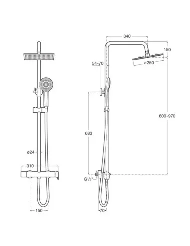 Conjunto de ducha VEGA PLUS SQUARE Roca. Medidas
