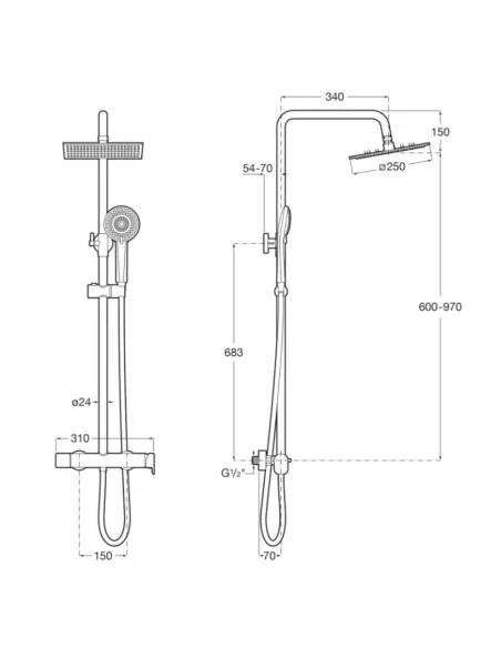 Conjunto de ducha VEGA PLUS SQUARE Roca. Medidas