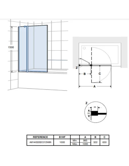 Mampara bañera Roca Victoria B1HF. Medidas