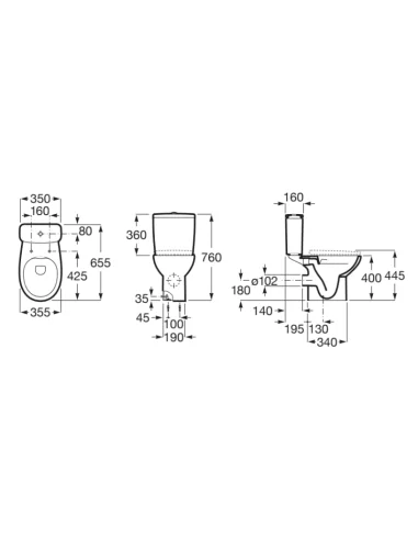 Inodoro VICTORIA Roca Horizontal entrada lateral (medidas)