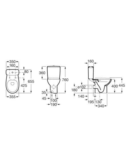 Inodoro VICTORIA Roca Horizontal entrada lateral (medidas)