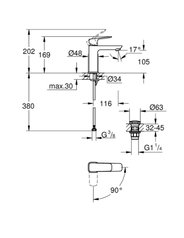 Grifo de lavabo Cubeo Grohe (Medidas)
