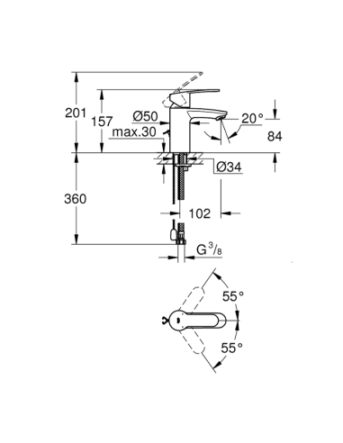 Grifo de lavabo EUROSTYLE COSMOPOLITAN GROHE (Medidas)