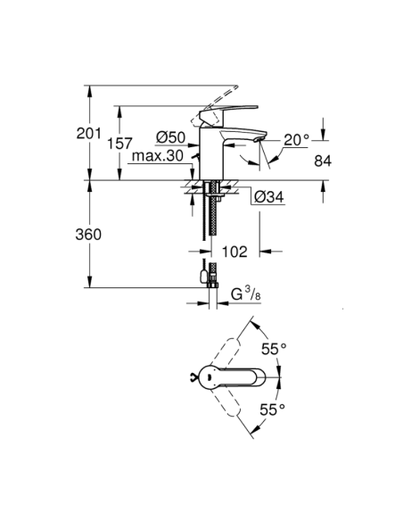 Grifo de lavabo EUROSTYLE COSMOPOLITAN GROHE (Medidas)