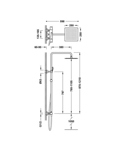 Medidas del conjunto de ducha termostático Aspen TRES