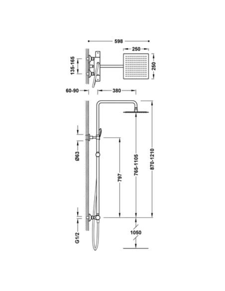 Medidas del conjunto de ducha termostático Aspen TRES