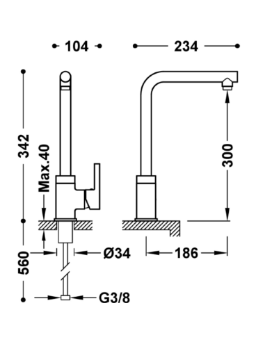 Medidas Grifo de cocina recto cromado TRES