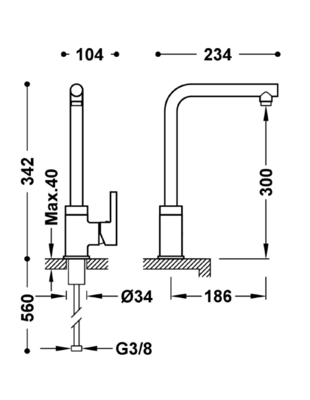 Medidas Grifo de cocina recto cromado TRES