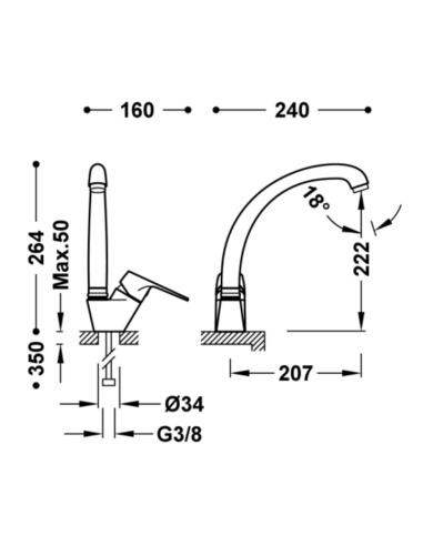 Medidas Grifo cocina Aspen basico TRES