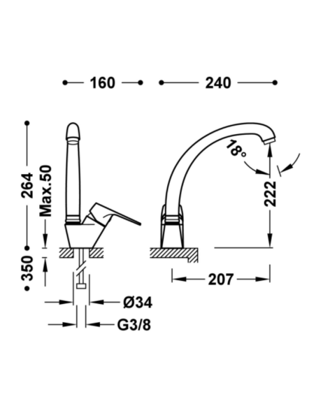 Medidas Grifo cocina Aspen basico TRES