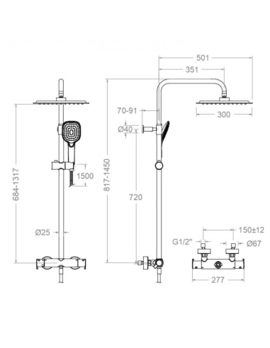 Medidas Columna ducha termostática cuadrada Blautherm RS