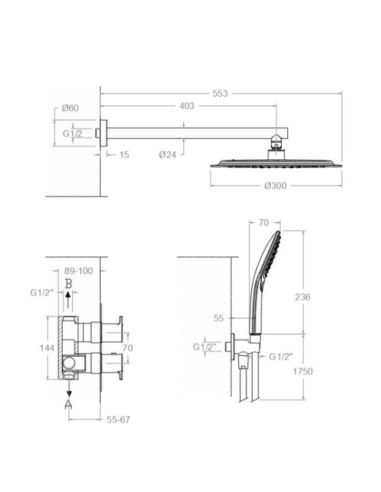 Medidas Kit ducha empotrada termostática Blautherm RS