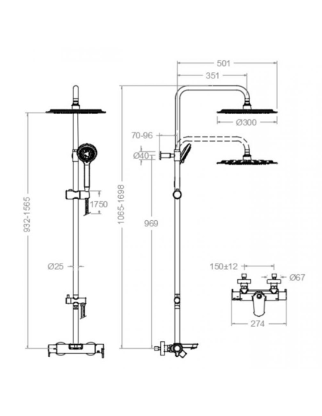 Medidas Columna bañera termostática Blautherm RAMON SOLER
