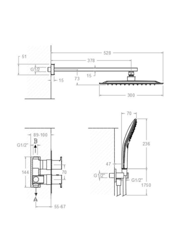 Medidas Kit ducha empotrada termostática Blautherm RAMON SOLER