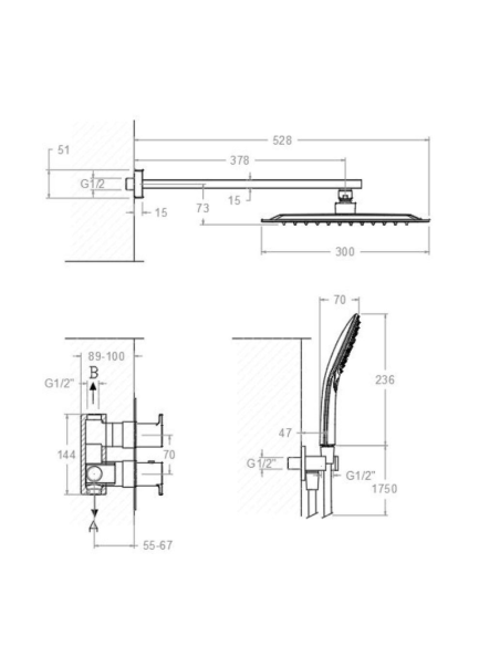 Medidas Kit ducha empotrada termostática Blautherm RAMON SOLER