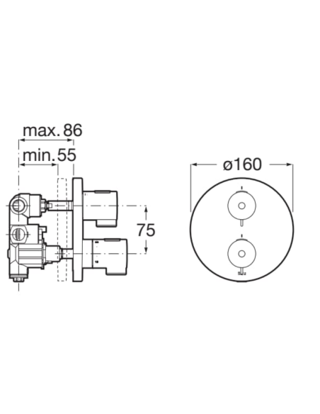 Medidas Grifo ducha empotrado termostático 2 salidas T-500 ROCA