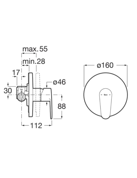 Medidas Grifo ducha empotrado 2 salidas Victoria plus ROCA