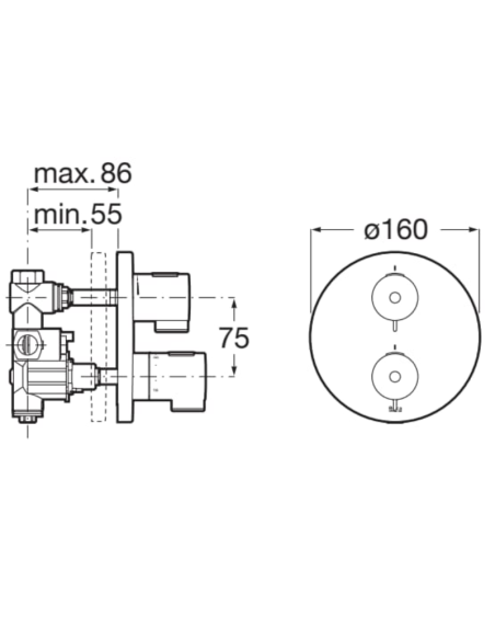 Medidas Grifo ducha empotrado termostático 1 salida T-500 ROCA
