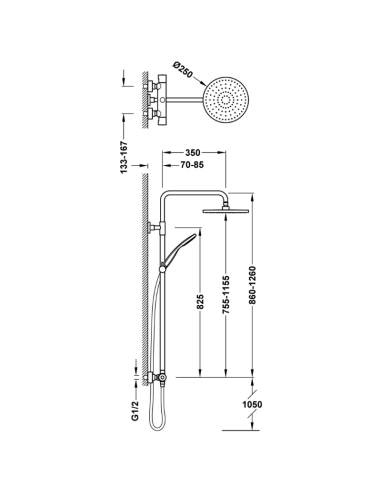 Medidas Columna ducha termostática Baseplus TRES