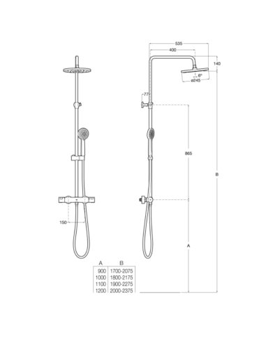 Medidas columna ducha termostática Victoria T-Plus ROCA