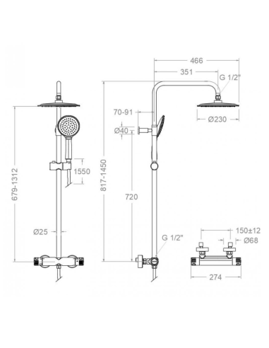 Medidas Columna ducha termostática Termotech RAMON SOLER