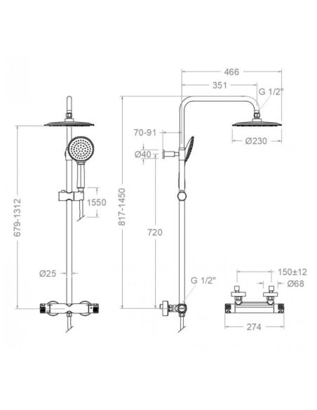 Medidas Columna ducha termostática Termotech RAMON SOLER
